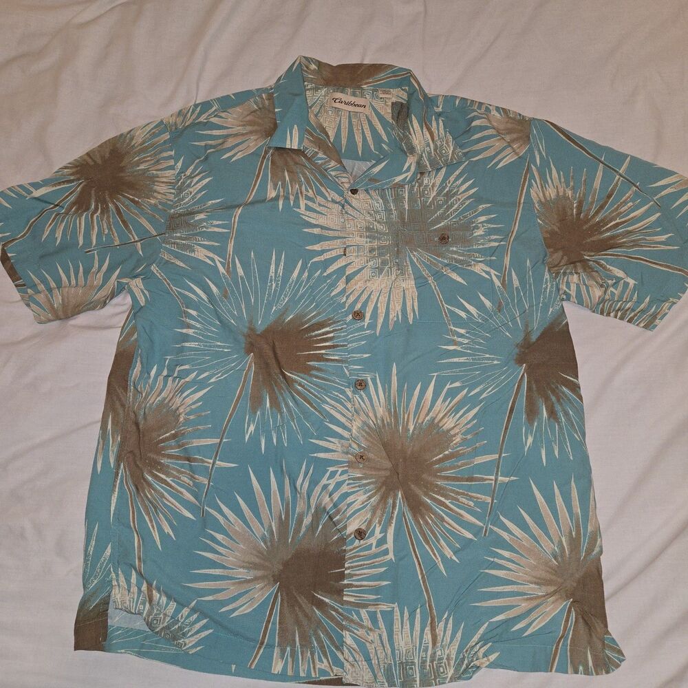 Turquoise Aqua Palms Caribbean Men's Tropical SS Button-up Shirt- Size Large L